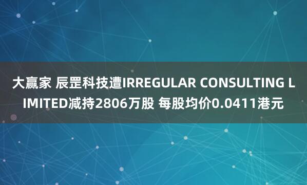 大赢家 辰罡科技遭IRREGULAR CONSULTING LIMITED减持2806万股 每股均价0.0411港元